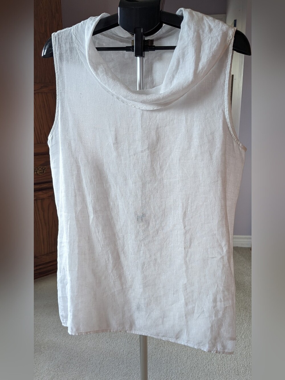 Sleeveless White Cowl Neck Linen Women's Top Made In Italy